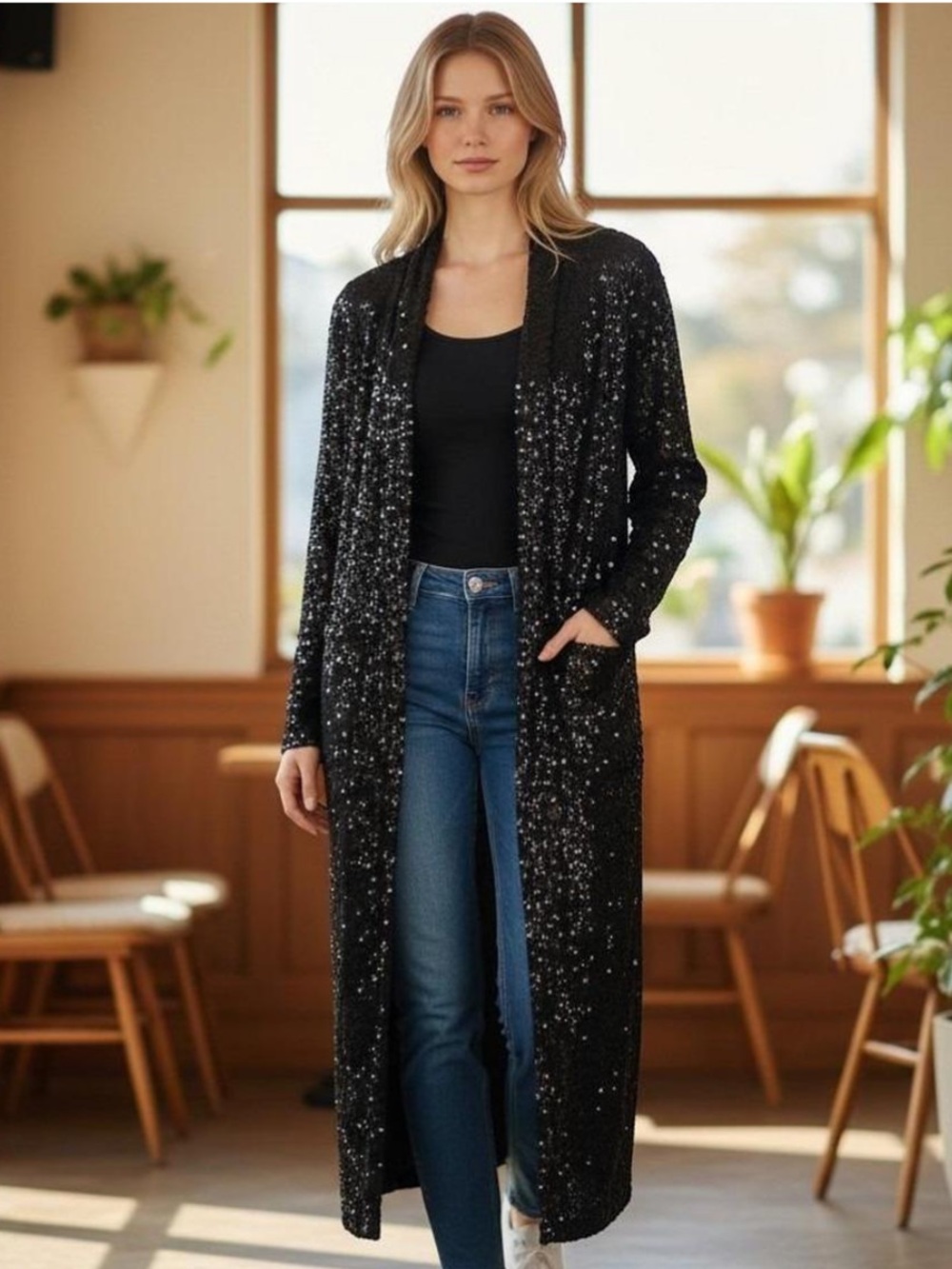 BB Dakota Steve Madden Long Sequin Open-Front Duster — Blue/ Silver